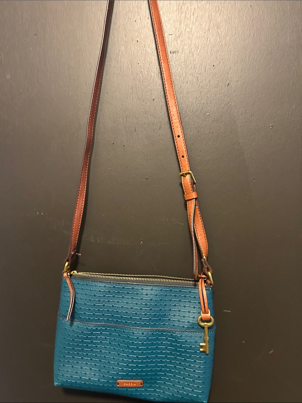 Fossil Teal Crossbody Bag with Brown Strap